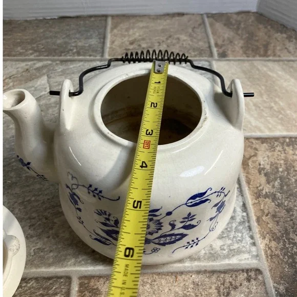 Vintage Blue Onion Pattern Ceramic Teapot with Metal Handle and Lid